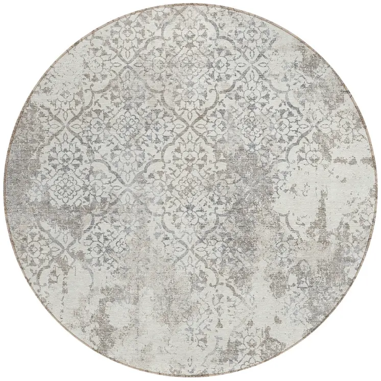 8' Ivory Beige And Taupe Round Floral Washable Indoor Outdoor Area Rug