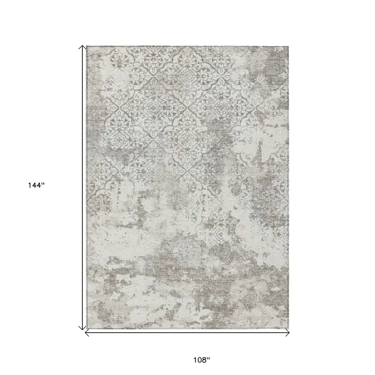 9' X 12' Ivory Beige And Taupe Floral Washable Indoor Outdoor Area Rug