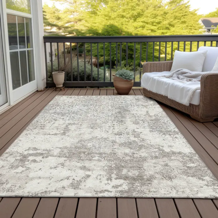 9' X 12' Ivory Beige And Taupe Floral Washable Indoor Outdoor Area Rug