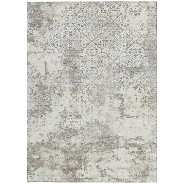10' X 14' Ivory Beige And Taupe Floral Washable Indoor Outdoor Area Rug