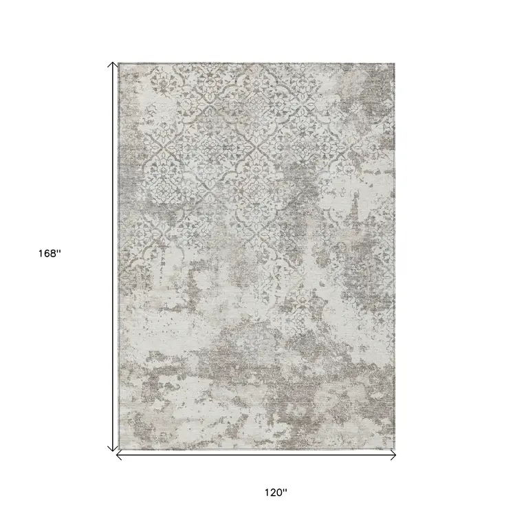 10' X 14' Ivory Beige And Taupe Floral Washable Indoor Outdoor Area Rug