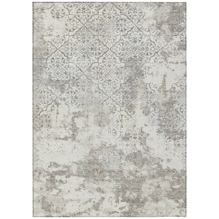10' X 14' Ivory Beige And Taupe Floral Washable Indoor Outdoor Area Rug