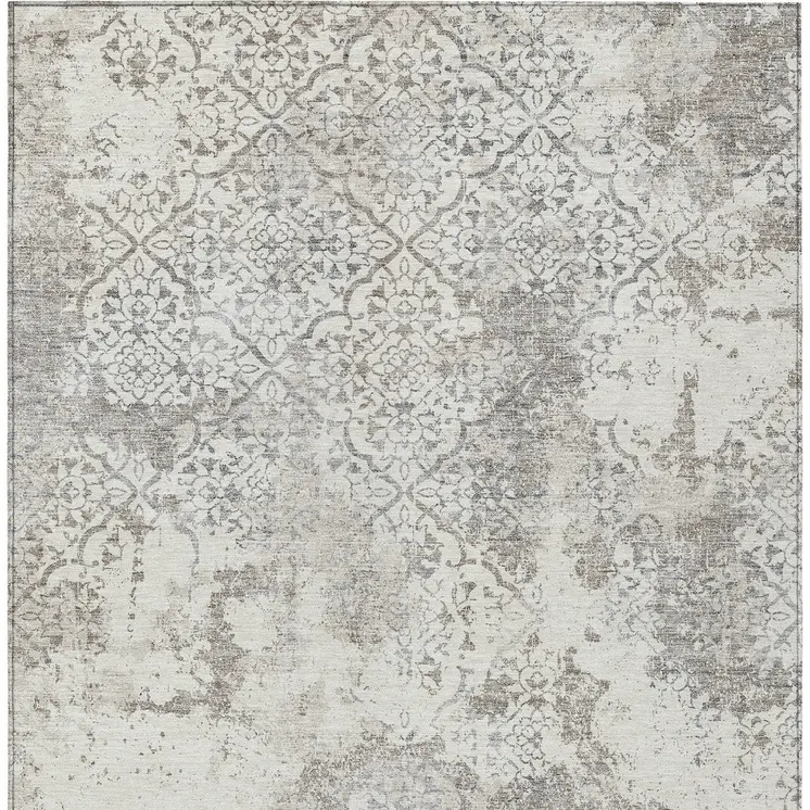 10' X 14' Ivory Beige And Taupe Floral Washable Indoor Outdoor Area Rug