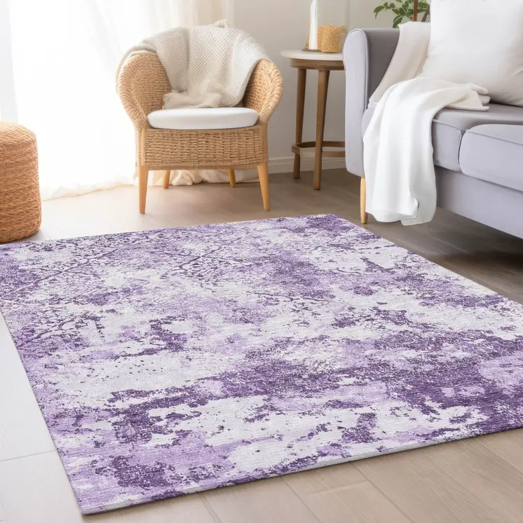 9' X 12' Lavender Purple And Lilac Floral Washable Indoor Outdoor Area Rug