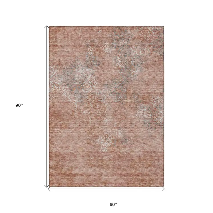5' X 8' Salmon Ivory And Gray Floral Washable Indoor Outdoor Area Rug