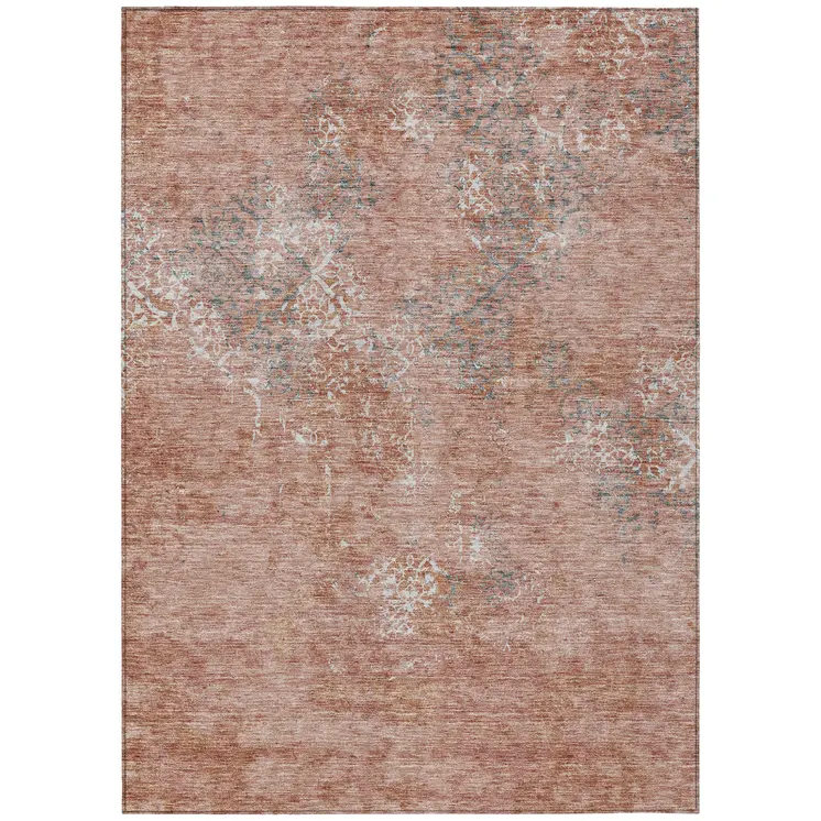 5' X 8' Salmon Ivory And Gray Floral Washable Indoor Outdoor Area Rug