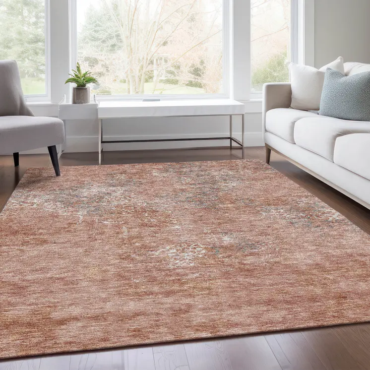 5' X 8' Salmon Ivory And Gray Floral Washable Indoor Outdoor Area Rug