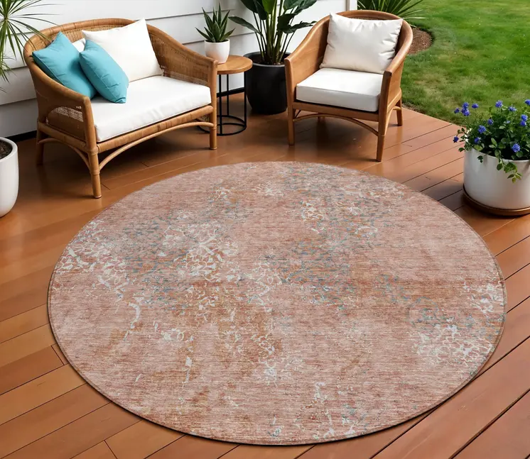 8' Salmon Ivory And Gray Round Floral Washable Indoor Outdoor Area Rug