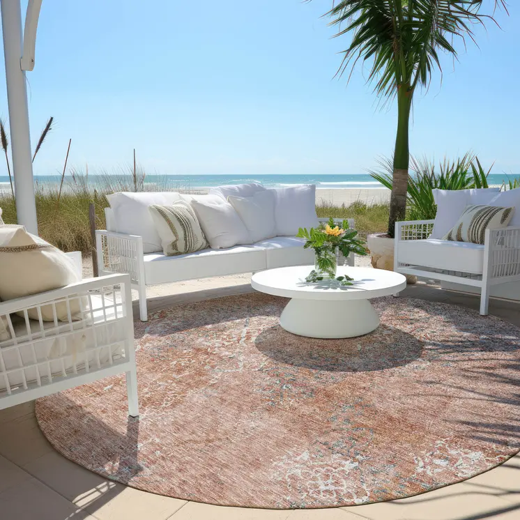 8' Salmon Ivory And Gray Round Floral Washable Indoor Outdoor Area Rug