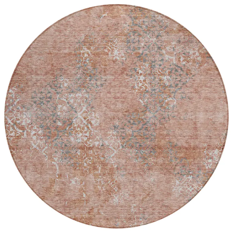 8' Salmon Ivory And Gray Round Floral Washable Indoor Outdoor Area Rug