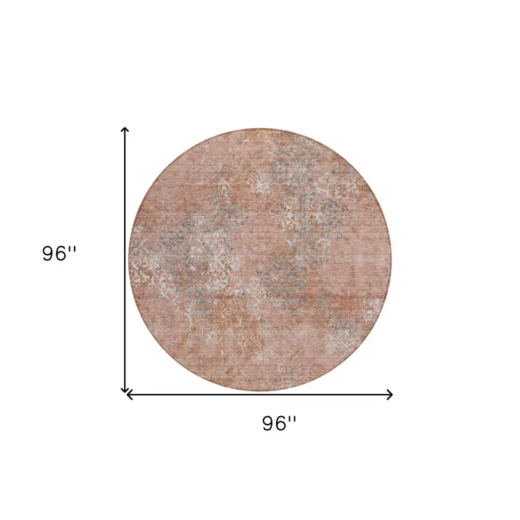 8' Salmon Ivory And Gray Round Floral Washable Indoor Outdoor Area Rug