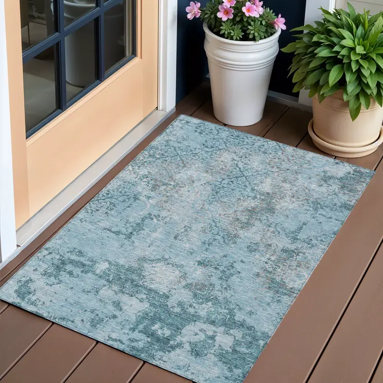 3' X 5' Teal Blue Aqua And Gray Floral Washable Indoor Outdoor Area Rug