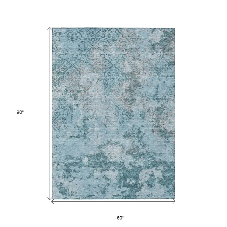 5' X 8' Teal Blue Aqua And Gray Floral Washable Indoor Outdoor Area Rug