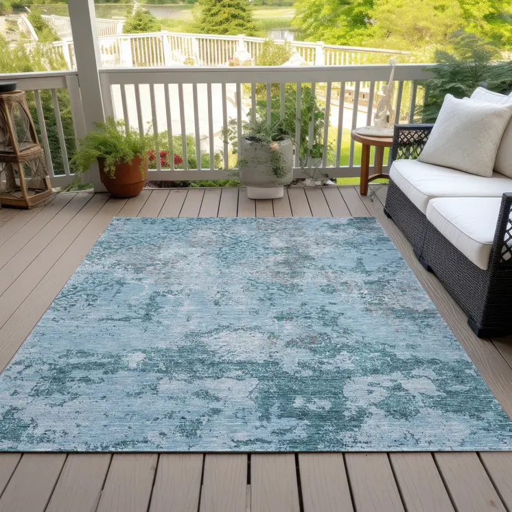 5' X 8' Teal Blue Aqua And Gray Floral Washable Indoor Outdoor Area Rug
