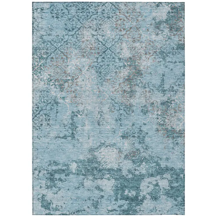 5' X 8' Teal Blue Aqua And Gray Floral Washable Indoor Outdoor Area Rug