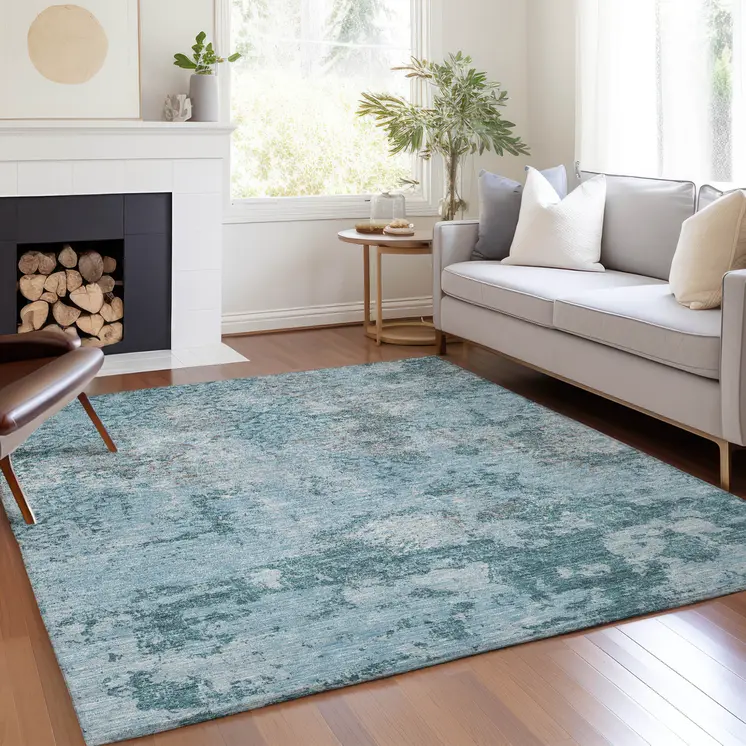 5' X 8' Teal Blue Aqua And Gray Floral Washable Indoor Outdoor Area Rug