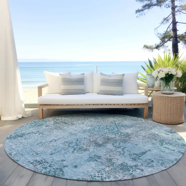 8' Teal Blue Aqua And Gray Round Floral Washable Indoor Outdoor Area Rug