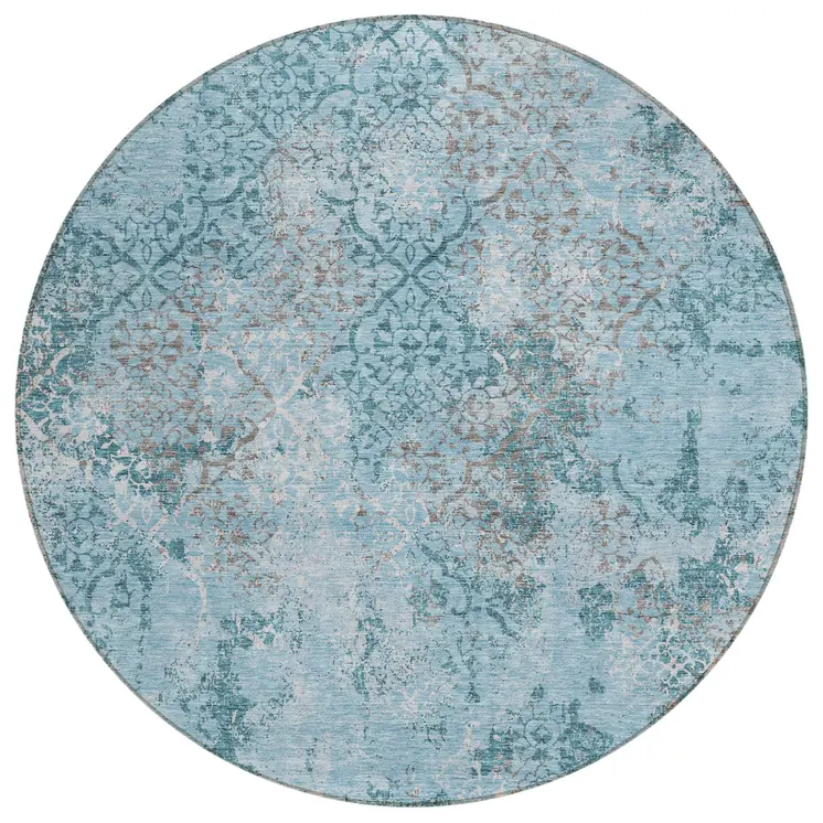 8' Teal Blue Aqua And Gray Round Floral Washable Indoor Outdoor Area Rug