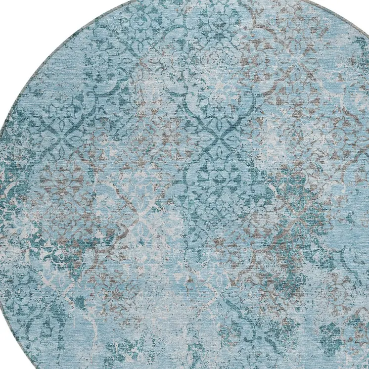 8' Teal Blue Aqua And Gray Round Floral Washable Indoor Outdoor Area Rug