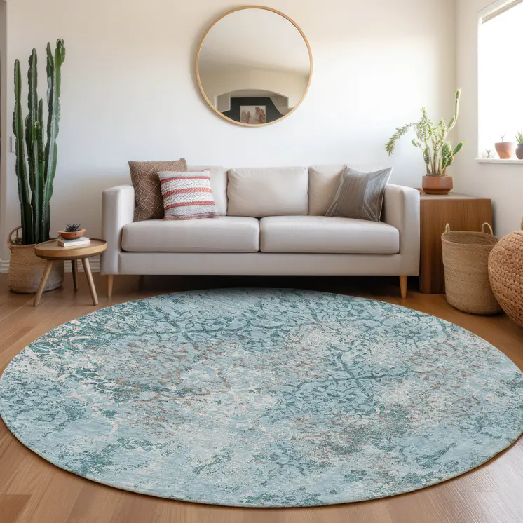 8' Teal Blue Aqua And Gray Round Floral Washable Indoor Outdoor Area Rug