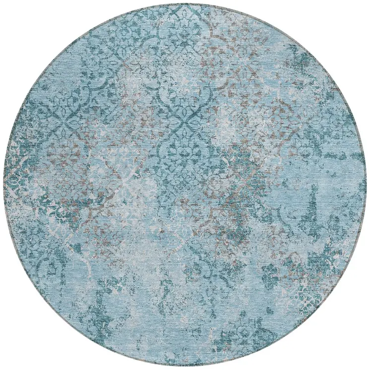 8' Teal Blue Aqua And Gray Round Floral Washable Indoor Outdoor Area Rug