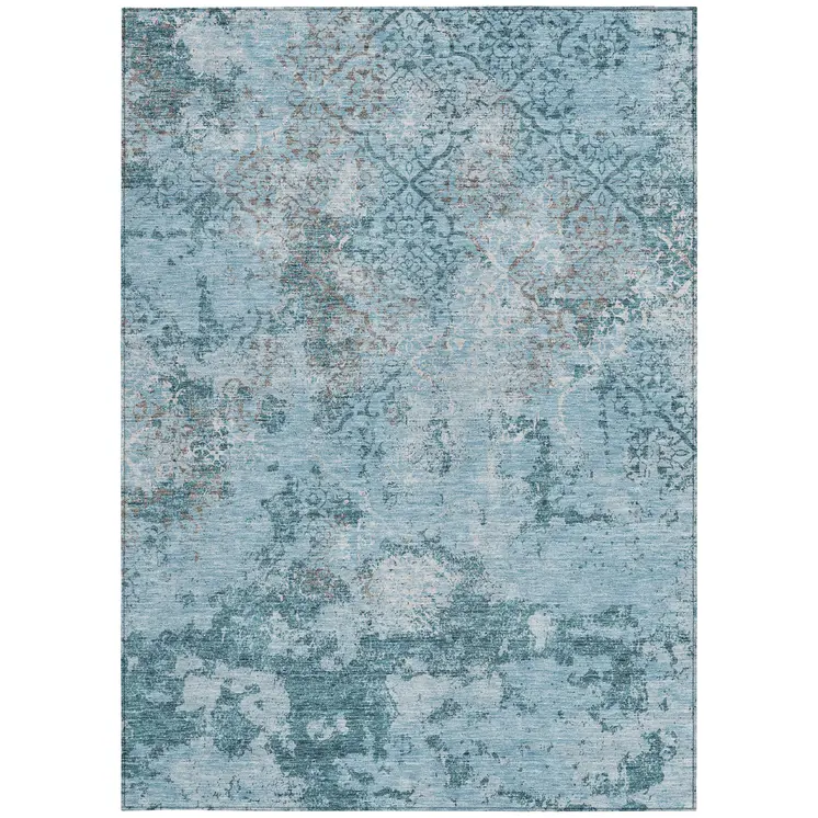 9' X 12' Teal Blue Aqua And Gray Floral Washable Indoor Outdoor Area Rug