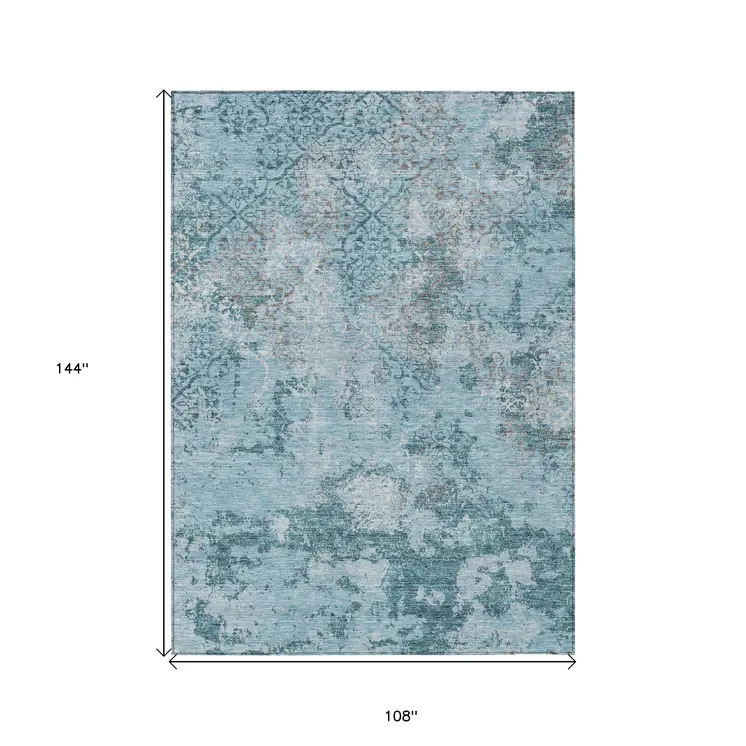 9' X 12' Teal Blue Aqua And Gray Floral Washable Indoor Outdoor Area Rug