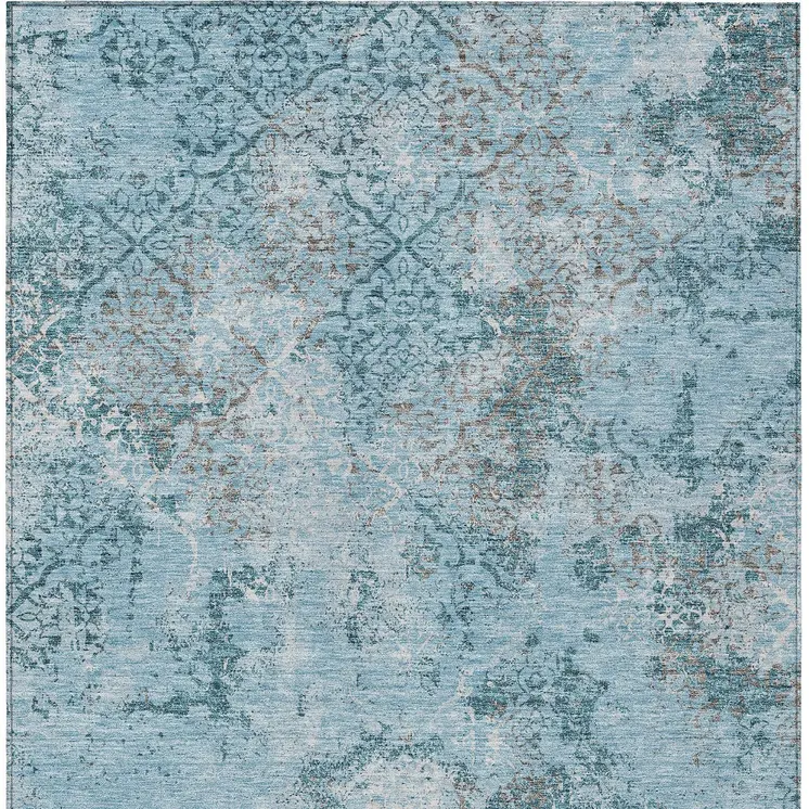 9' X 12' Teal Blue Aqua And Gray Floral Washable Indoor Outdoor Area Rug