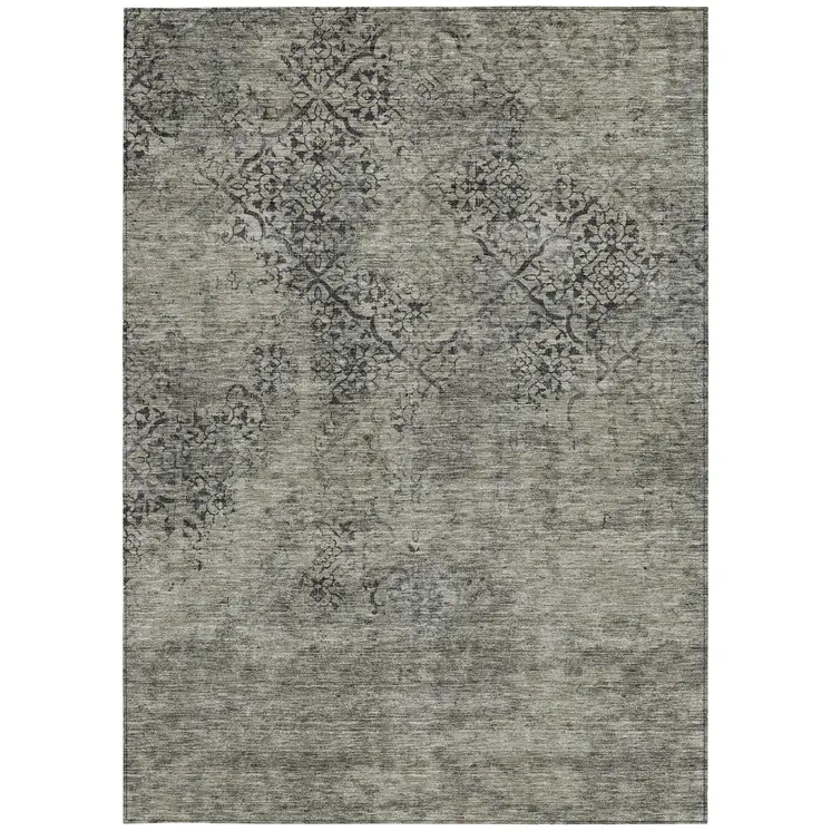 3' X 5' Taupe Khaki And Charcoal Floral Washable Indoor Outdoor Area Rug