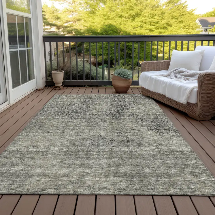 3' X 5' Taupe Khaki And Charcoal Floral Washable Indoor Outdoor Area Rug