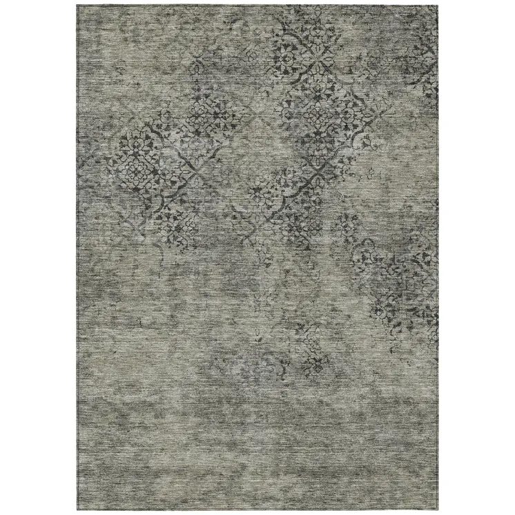 3' X 5' Taupe Khaki And Charcoal Floral Washable Indoor Outdoor Area Rug
