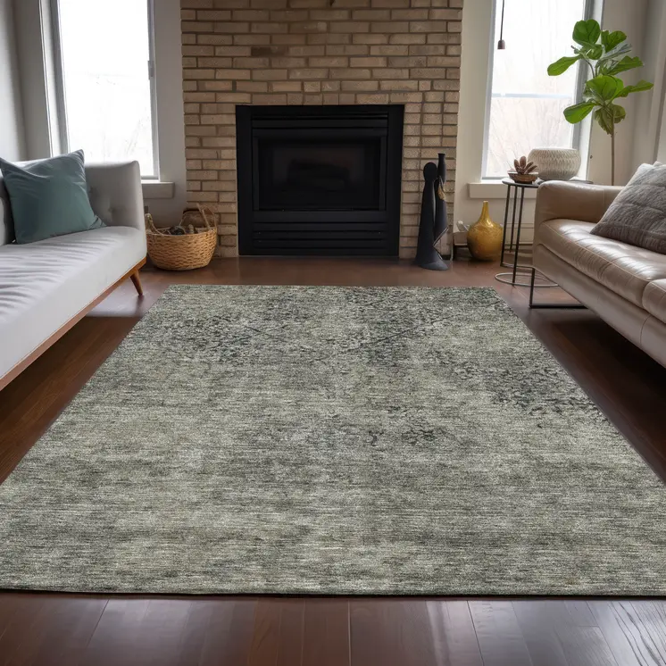3' X 5' Taupe Khaki And Charcoal Floral Washable Indoor Outdoor Area Rug