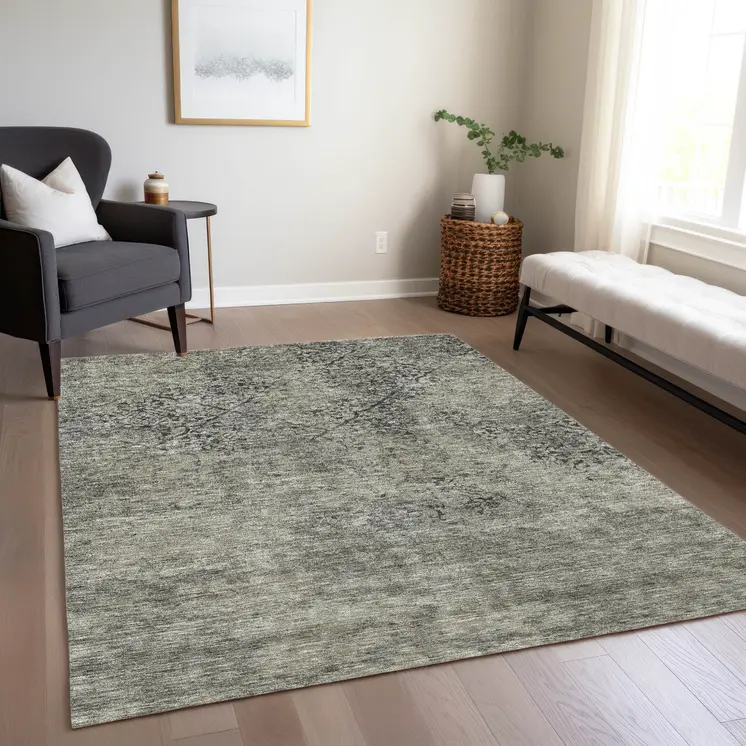 3' X 5' Taupe Khaki And Charcoal Floral Washable Indoor Outdoor Area Rug