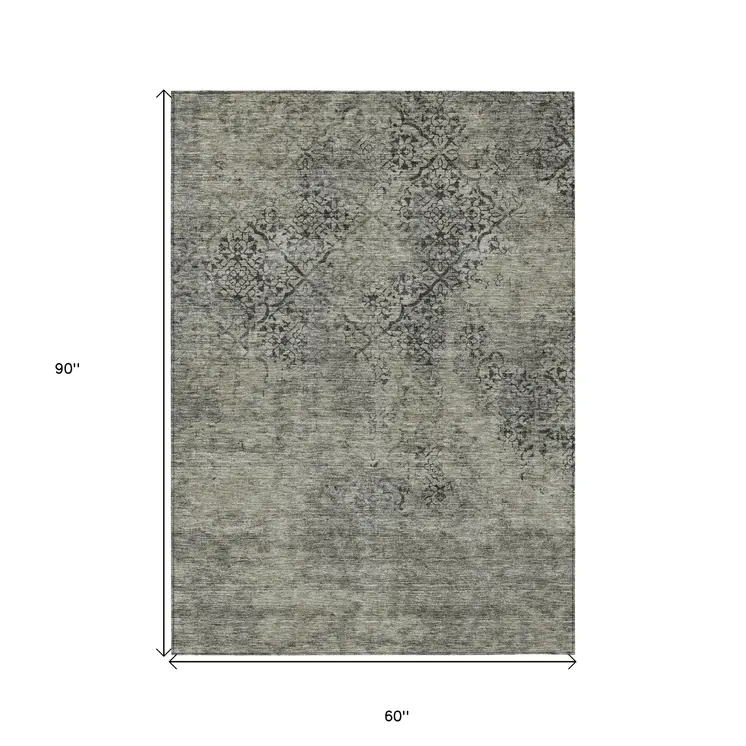 5' X 8' Taupe Khaki And Charcoal Floral Washable Indoor Outdoor Area Rug
