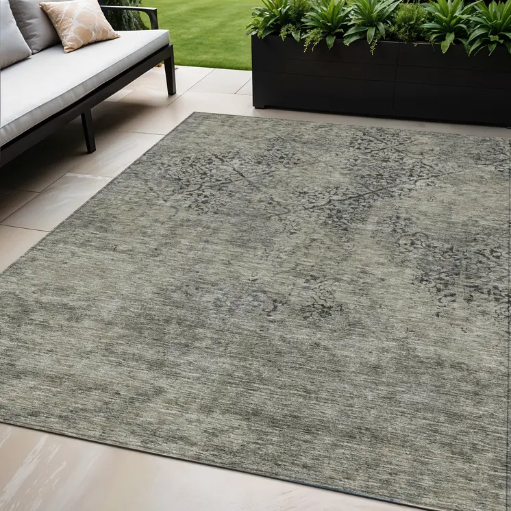 5' X 8' Taupe Khaki And Charcoal Floral Washable Indoor Outdoor Area Rug