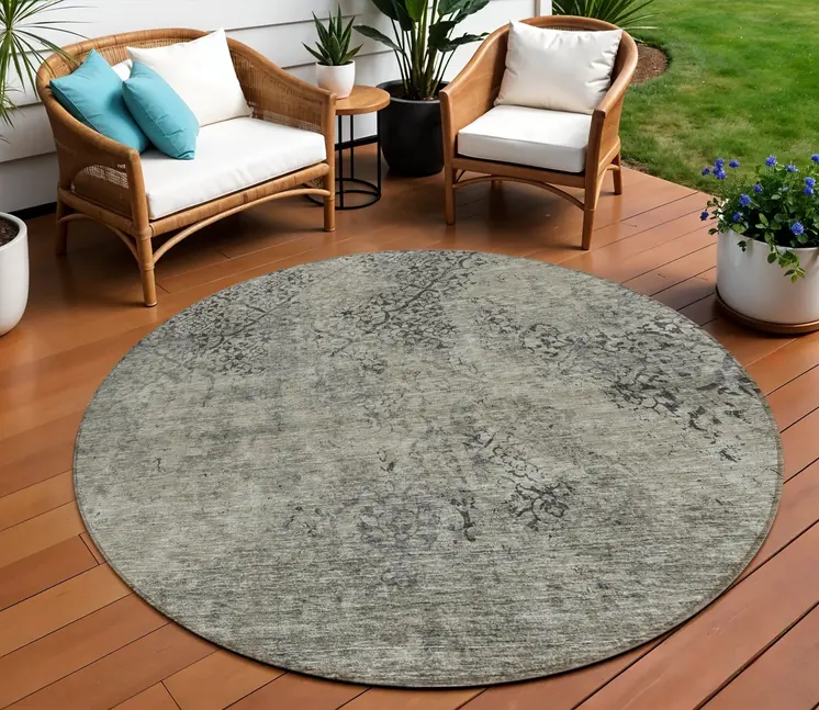 8' Taupe Khaki And Charcoal Round Floral Washable Indoor Outdoor Area Rug