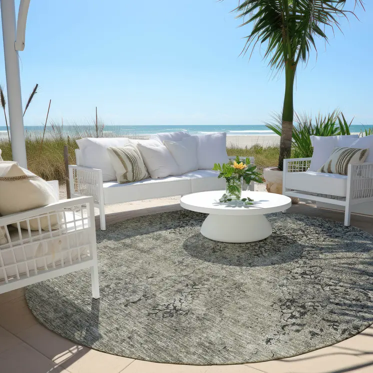 8' Taupe Khaki And Charcoal Round Floral Washable Indoor Outdoor Area Rug
