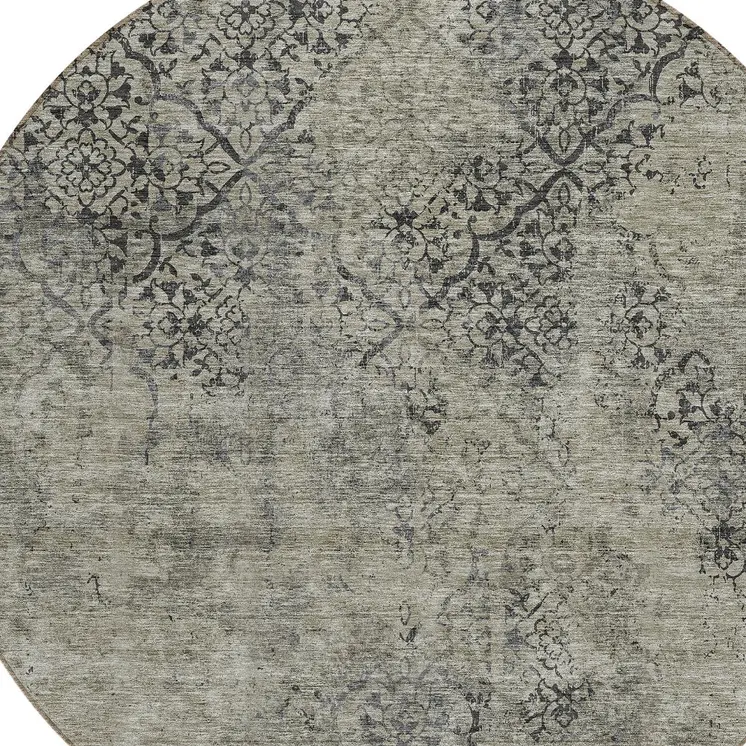 8' Taupe Khaki And Charcoal Round Floral Washable Indoor Outdoor Area Rug