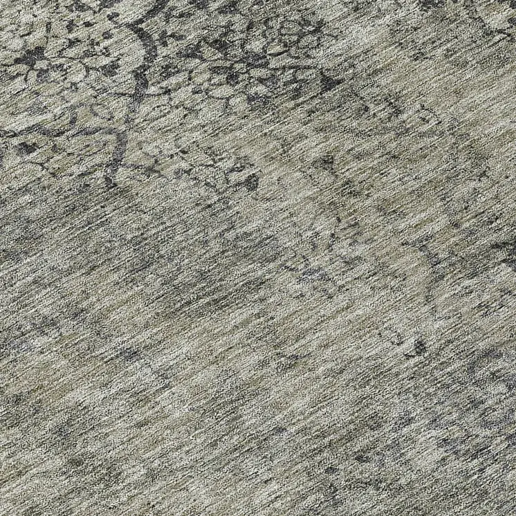 8' Taupe Khaki And Charcoal Round Floral Washable Indoor Outdoor Area Rug