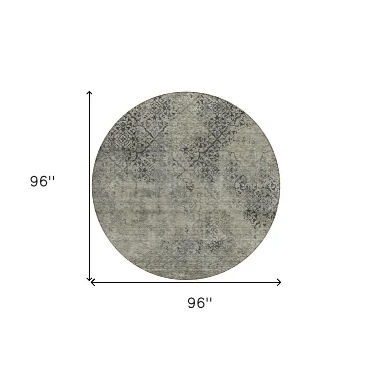 8' Taupe Khaki And Charcoal Round Floral Washable Indoor Outdoor Area Rug