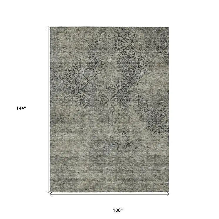 9' X 12' Taupe Khaki And Charcoal Floral Washable Indoor Outdoor Area Rug