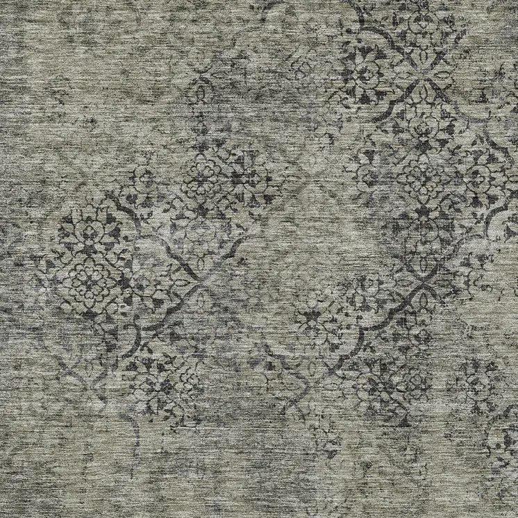 9' X 12' Taupe Khaki And Charcoal Floral Washable Indoor Outdoor Area Rug