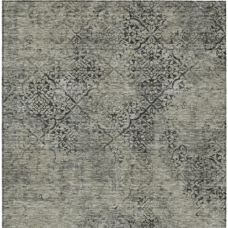 10' X 14' Taupe Khaki And Charcoal Floral Washable Indoor Outdoor Area Rug
