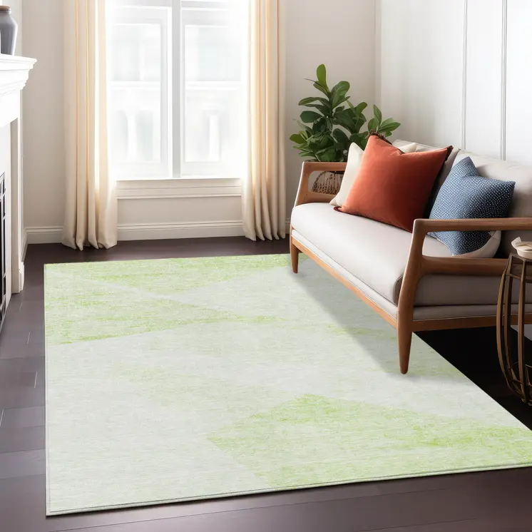 3' X 5' Artichoke Green Lime Green And Ivory Abstract Washable Indoor Outdoor Area Rug