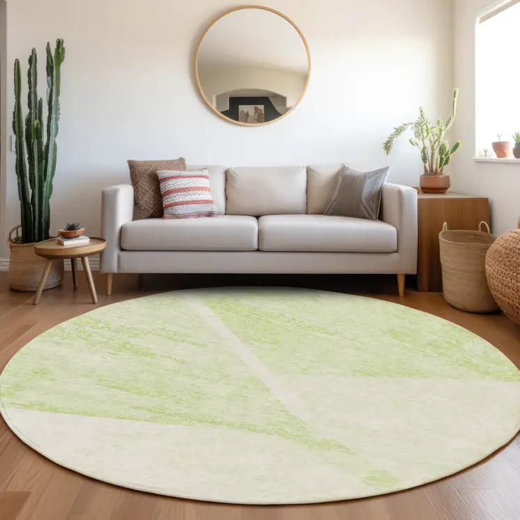 8' Artichoke Green Lime Green And Ivory Round Abstract Washable Indoor Outdoor Area Rug