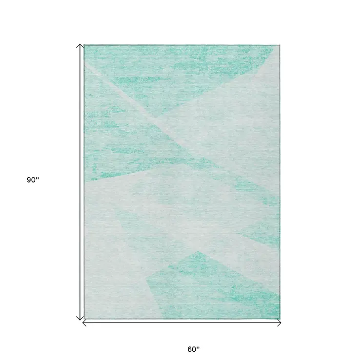 5' X 8' Aqua Sky Blue And Ivory Abstract Washable Indoor Outdoor Area Rug