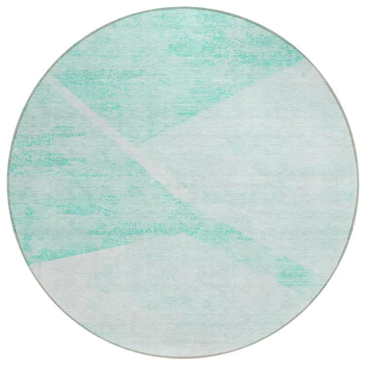 8' Aqua Sky Blue And Ivory Round Abstract Washable Indoor Outdoor Area Rug