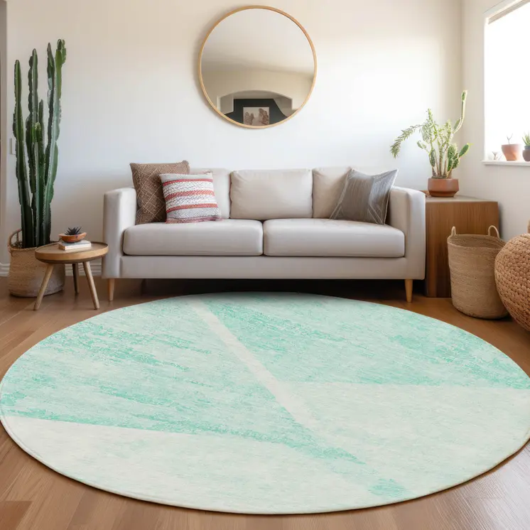 8' Aqua Sky Blue And Ivory Round Abstract Washable Indoor Outdoor Area Rug