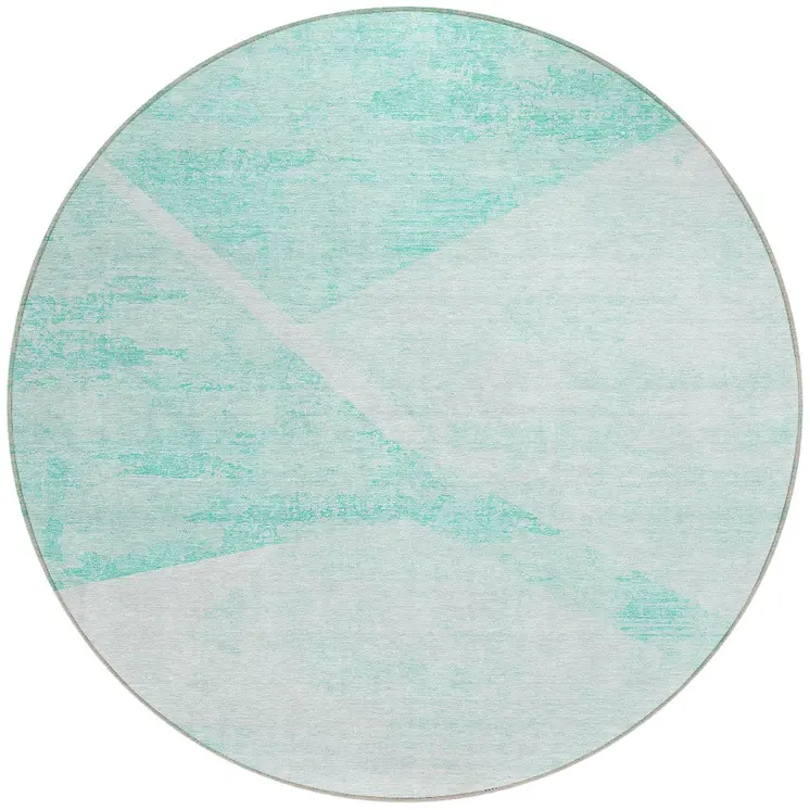 8' Aqua Sky Blue And Ivory Round Abstract Washable Indoor Outdoor Area Rug