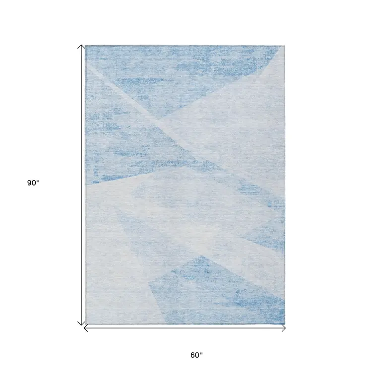 5' X 8' Denim Blue And Sky Blue Abstract Washable Indoor Outdoor Area Rug